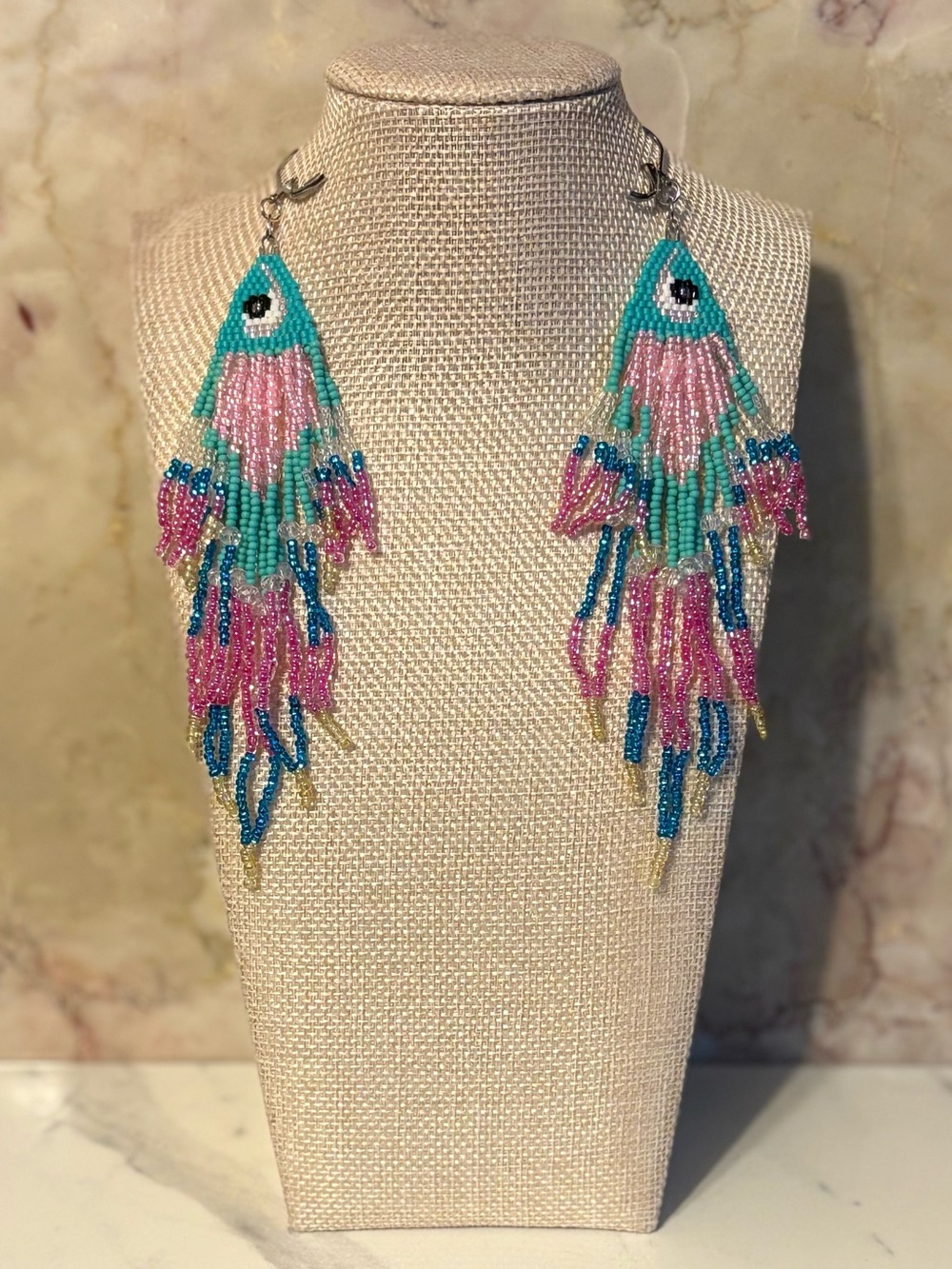 Artisan Pink and Teal Beaded Fringe Earrings